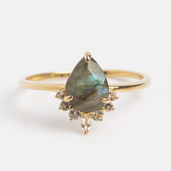 LOCAL ECLECTIC Labradorite Pear Dew Drop White Topaz Halo Solid Gold Dainty Ring